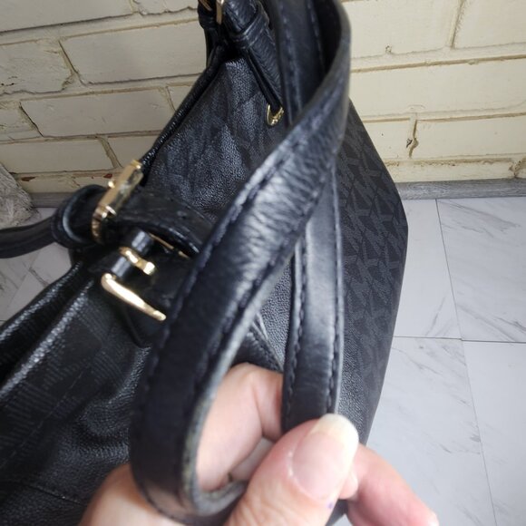 Like New Michael Kors Black Leather Monogrammed Tote Bag Purse - Picture 3 of 12